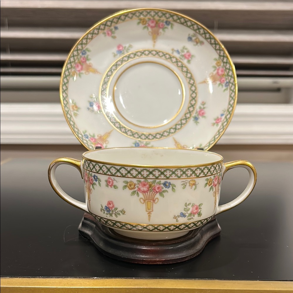 Theodore Haviland Limoges Double Gilded Handle Cream Soup Bowl & Saucer